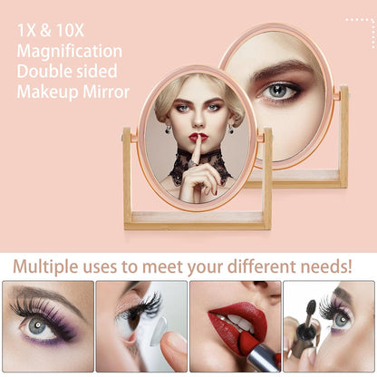 Double Sided 10X Magnifying Makeup Mirror with Bamboo Stand,Small Desk Table Mirror with 360° Rotation,Standing Portable Cosmetic Mirror,Good for Tabletop,Traveling(Rose Gold,Oval)