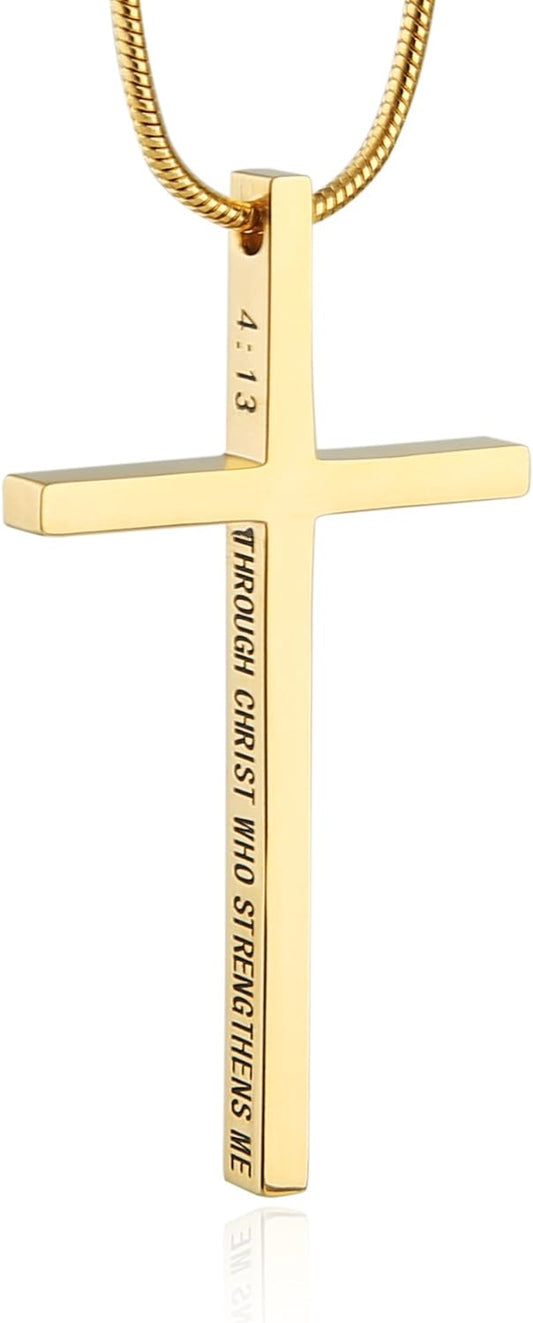 Philippians 4:13 Cross Pendant Strength Bible Verse Stainless Steel Necklace