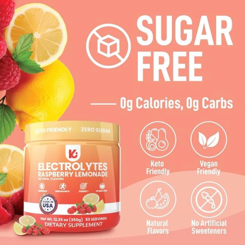Keto Electrolytes Powder No Sugar - Sugar Free Electrolytes - Keto Hydration Electrolytes - Made in USA - Delicious Raspberry Lemonade Flavor - Mixes Easily No Clumps